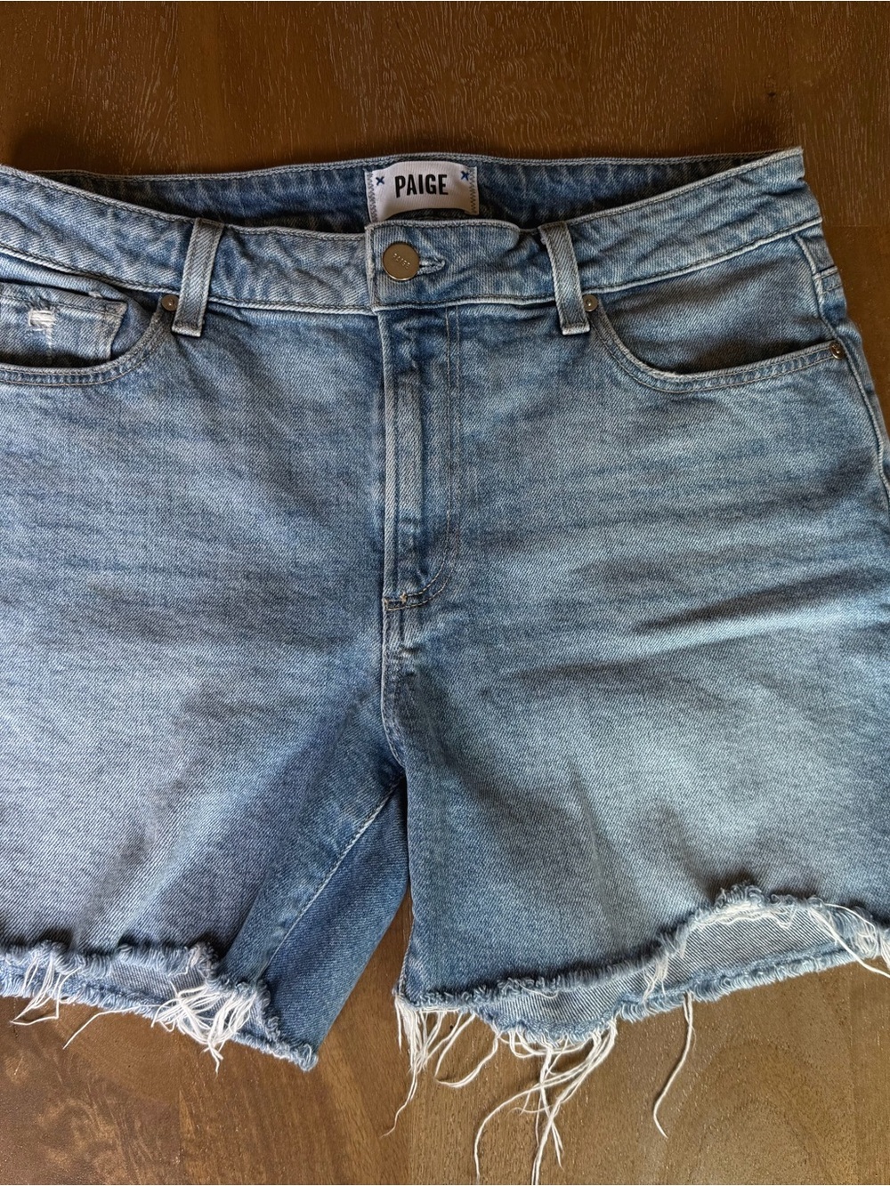 PAIGE Faded Blue Frayed Hem Denim Shorts